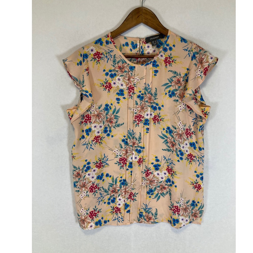 Cottagecore Primark Womens Size 6 Peach Floral Flutter Sleeve Pleated Blouse Top